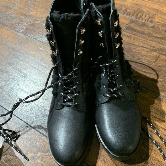 New Kate Spade Combat Boot Leather Faux Fur Lug Sole Style Raquelle - Picture 4 of 9